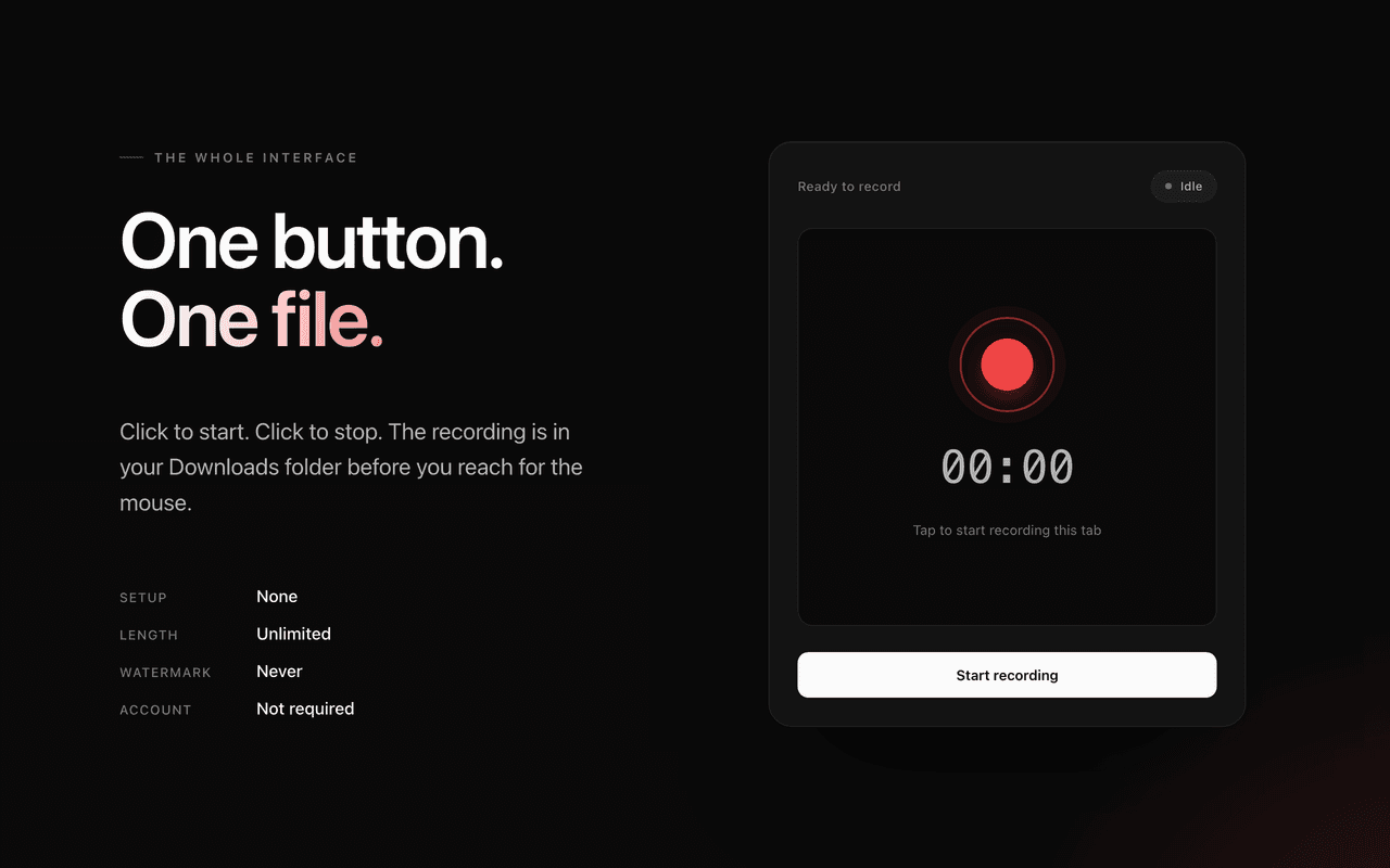 ClearRec popup: pick Screen, Webcam, or Screen + Cam, then click Start Recording