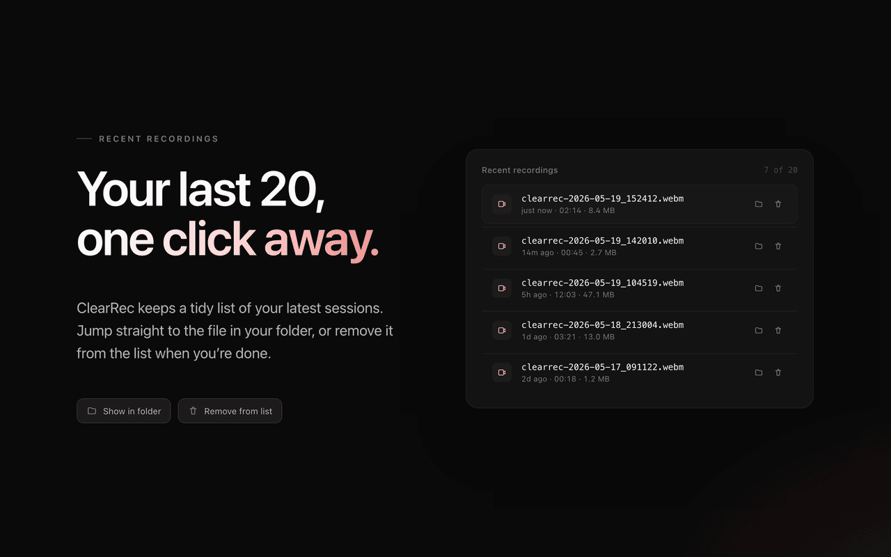 Recent recordings list showing twenty entries with size, duration, and re-open buttons
